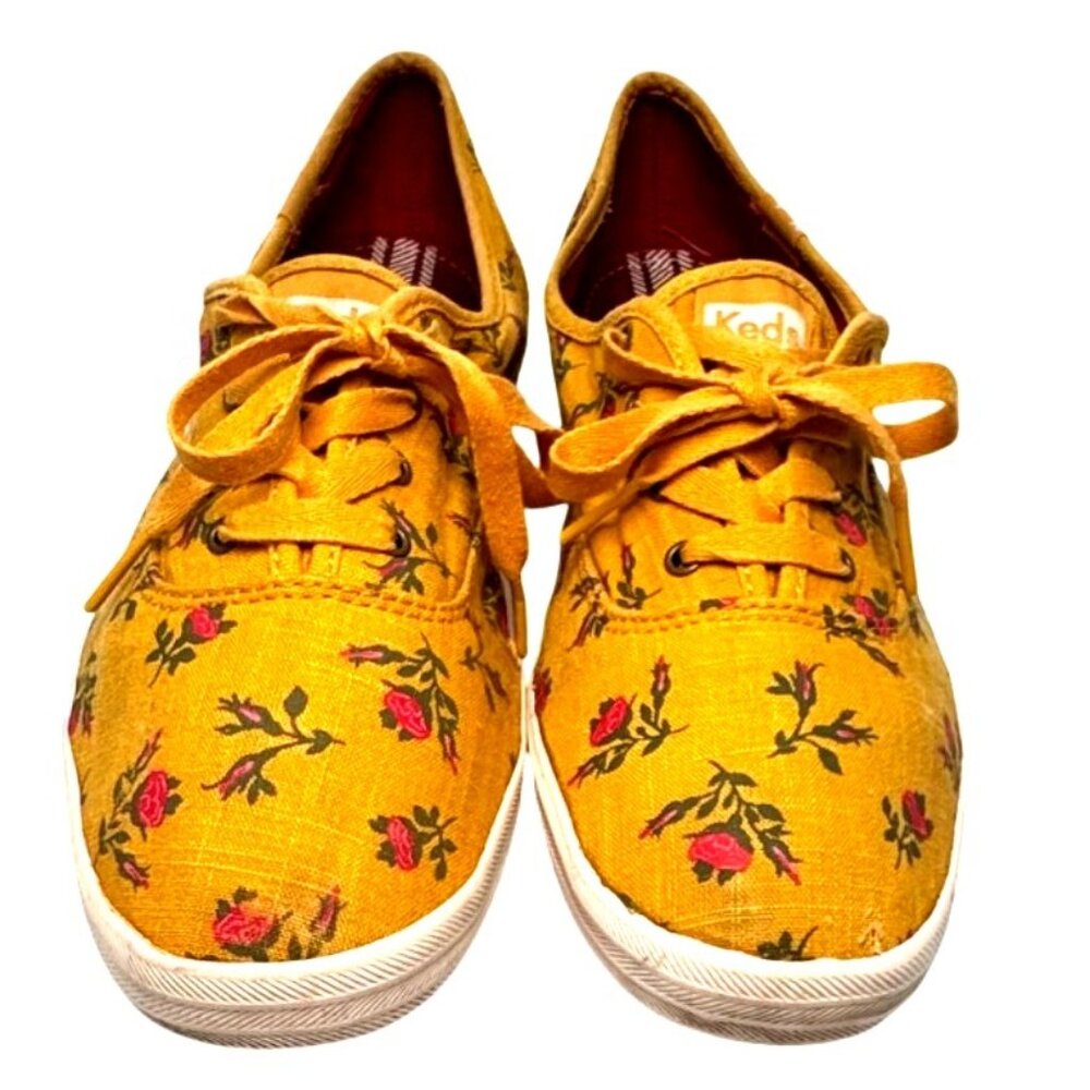 Keds Champion Canvas Mustard Yellow Floral Print Lace Up Low Top Sneakers Sz 10